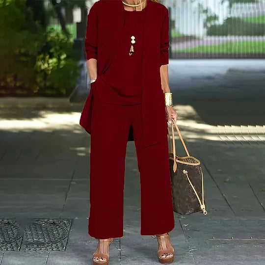 Conjunto Casual Elegante Laney de Três Peças | Blusa Coordenada, Cardigã e Calças de Perna Larga