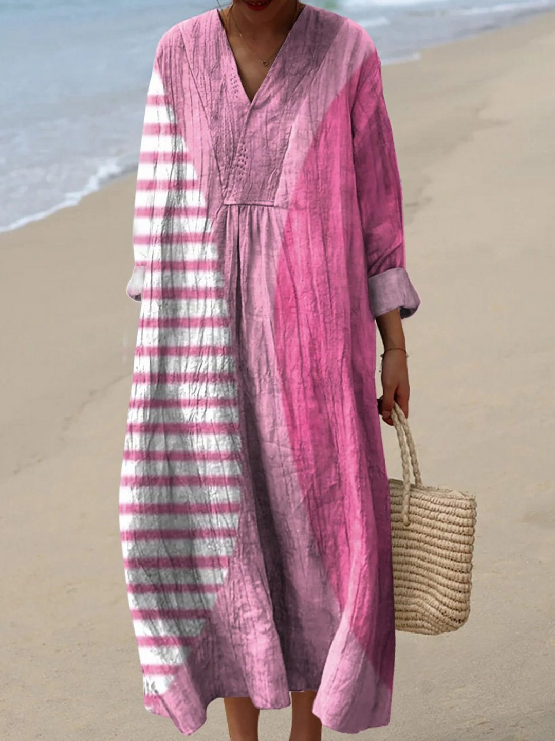 Vestido Feminino Fluido com Estampa Artística Minimalista Abstrata de Círculo Rosa Escuro e Flamingo Rosa