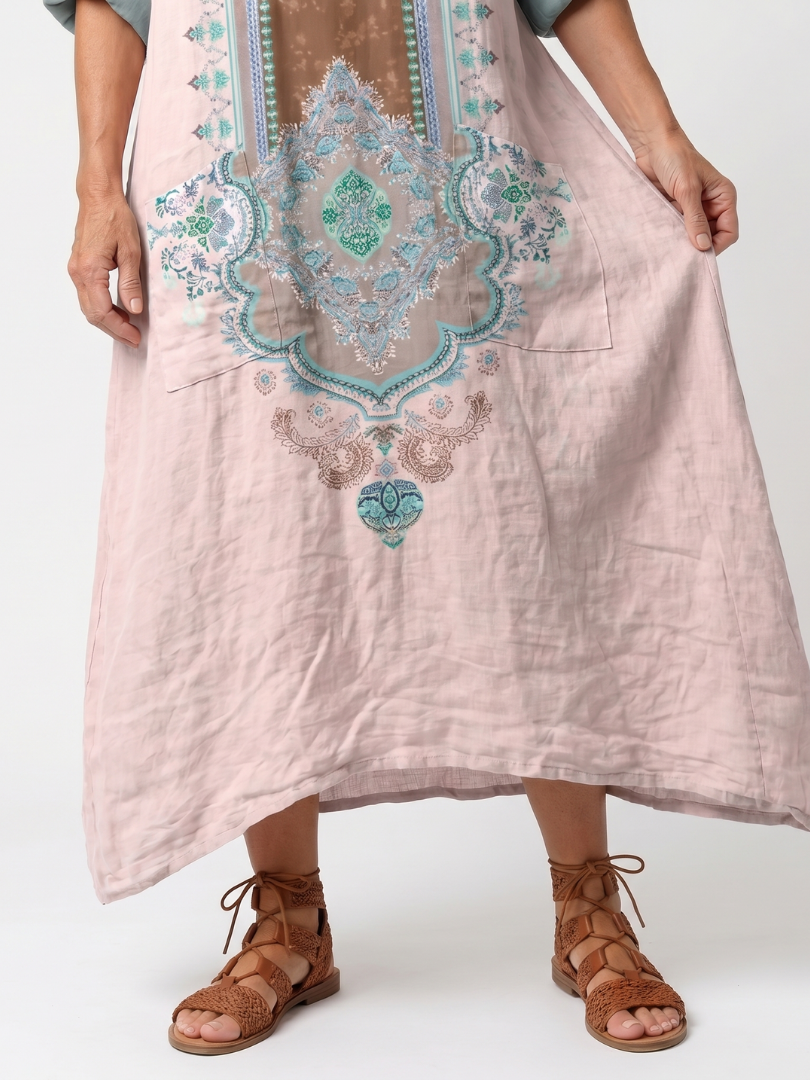 Kenza | Vestido Midi com Painel Bordado, Bolso Relaxado