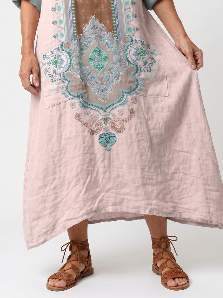 Kenza | Vestido Midi com Painel Bordado, Bolso Relaxado