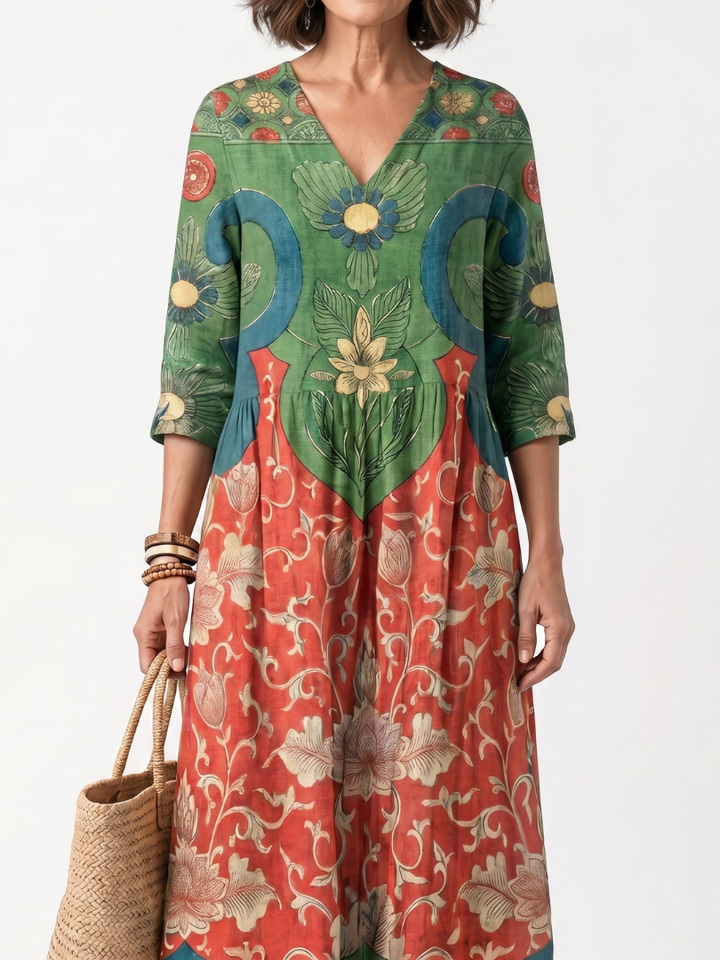 Sloane | Vestido Midi com Estampa Mista, Decote V e Bolso