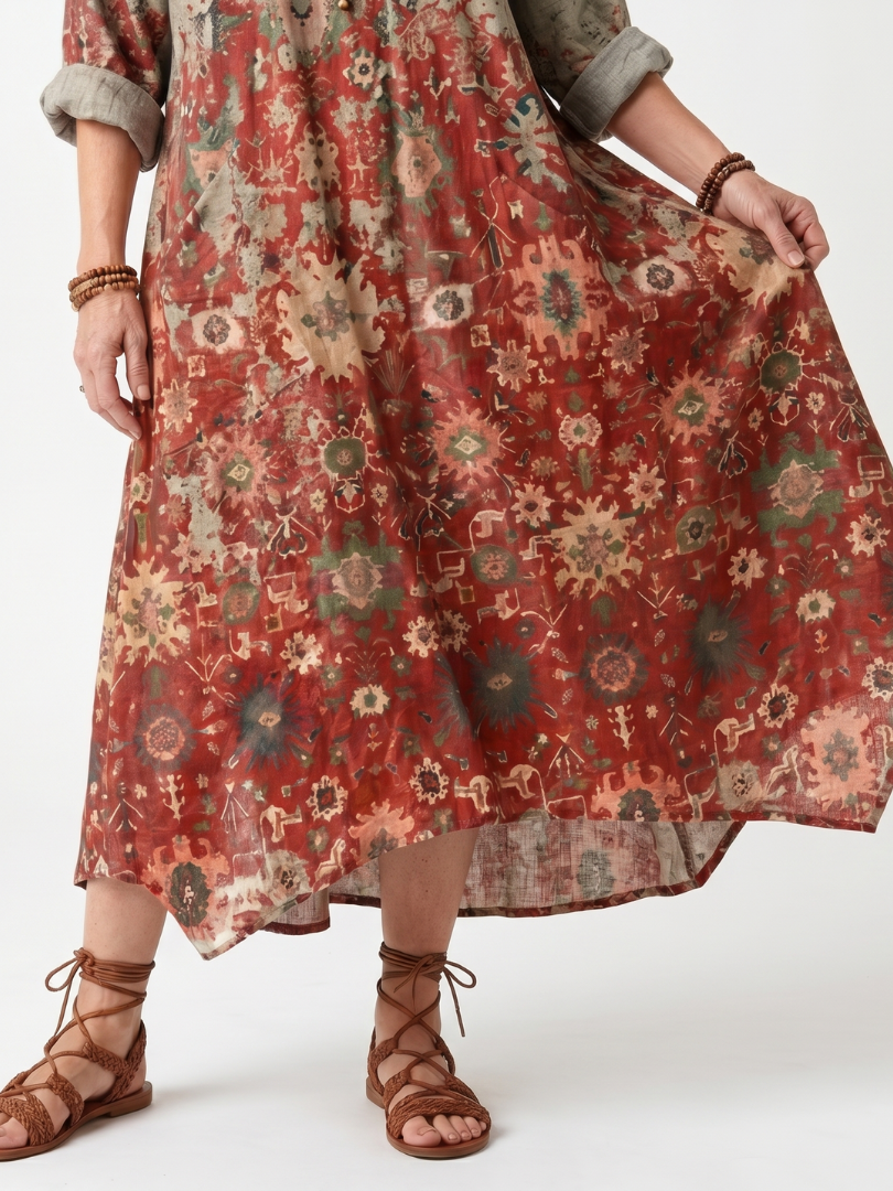 Saffron | Vestido Midi com Padrão Misto e Bolso Relaxado