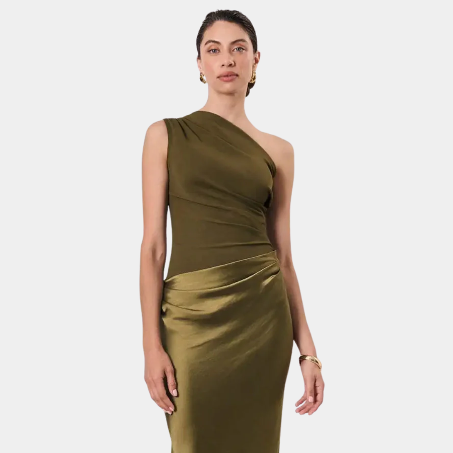 Aleida | Women's One-Shoulder Satin Maxi Dress, Ruched Evening Dress for Formal Events