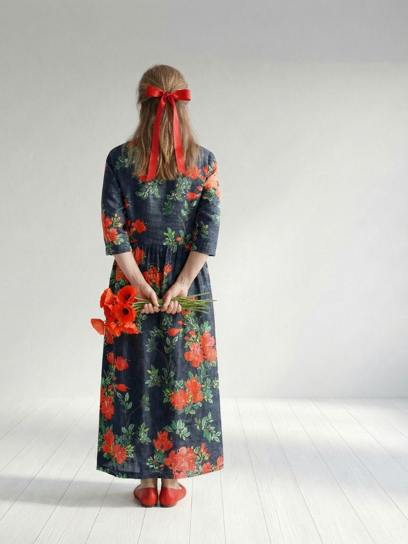 Cyrus | Vestido Midi Floral com Drapeado Suave