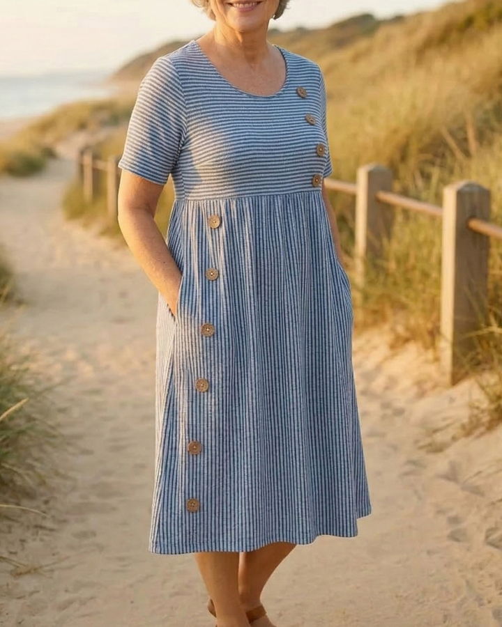 Brienne | Vestido Midi Listrado  Conforto Sem Esforço, Confiança Diária