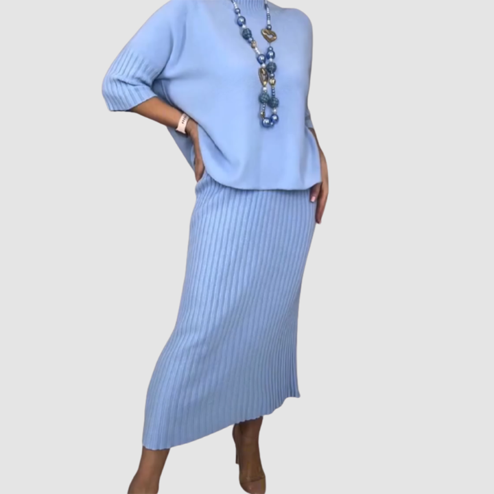 Conjunto Elegante Delyssa 2 Peças | Blusa Solta e Saia Midi Canelada
