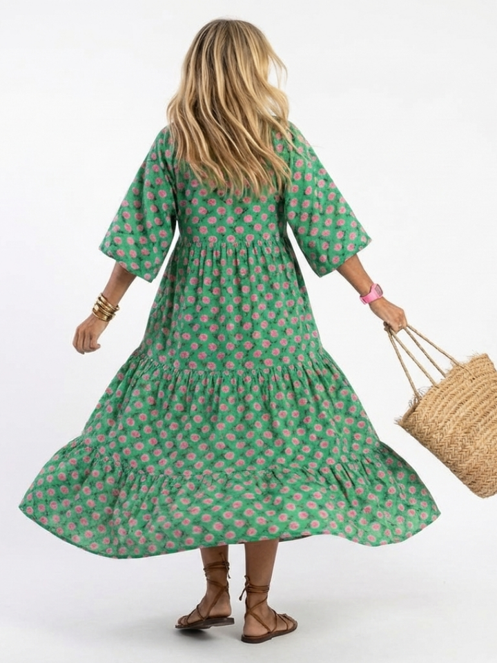 Fiora | Vestido Midi com Decote V, Estampa Floral e Camadas