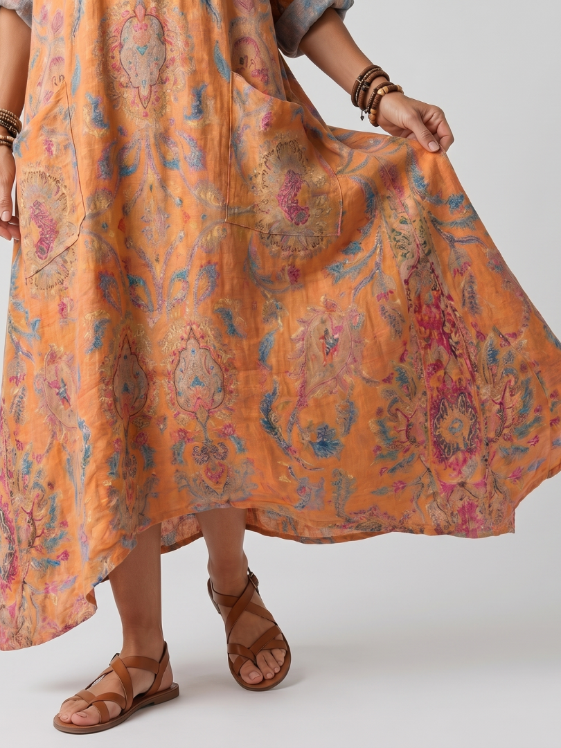 Remi | Vestido Midi Estampado com Decote em V, Bolso Oversized