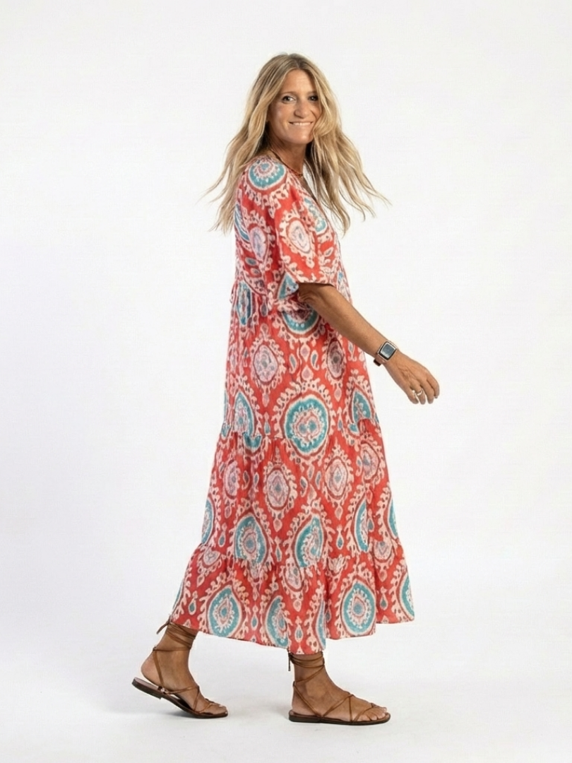 Zaria | Vestido Midi com Decote V, Manga Curta e Estampa Paisley