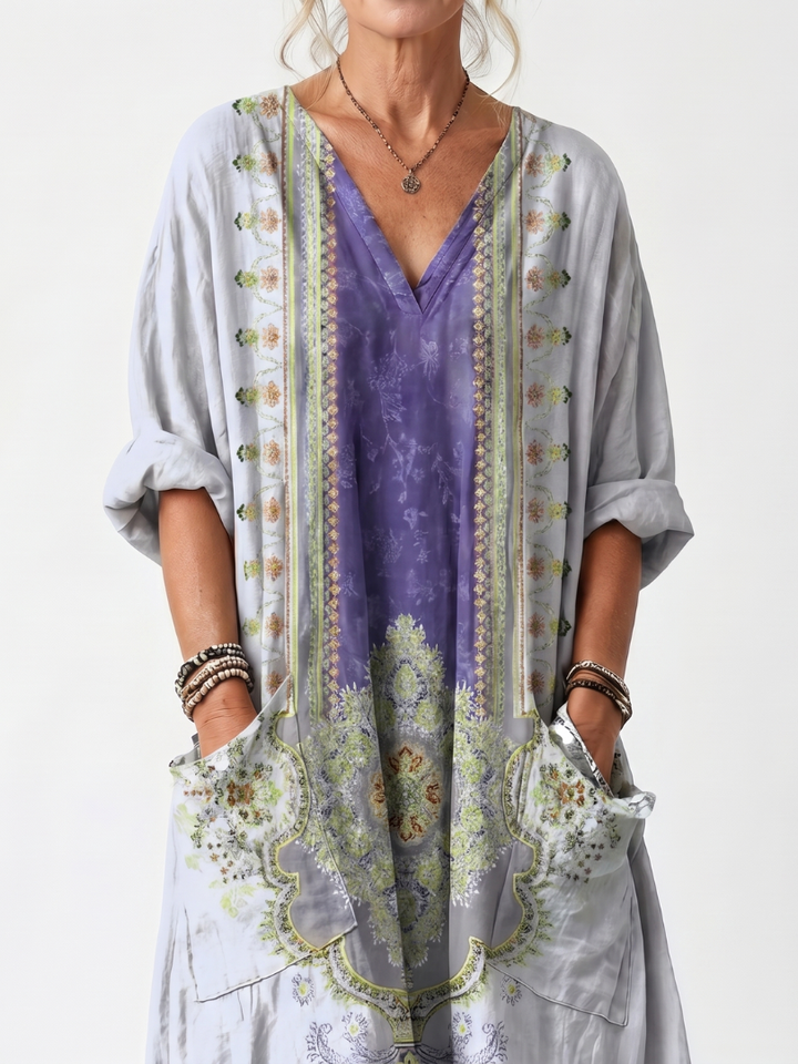 Raina | Vestido Midi com Painel Contrastante, Bordado e Bolso Oversized