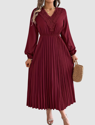 Rosalind Quinn | Women's Lace Trim V-Neck A-Line Dress, Long Sleeve Fall Dress