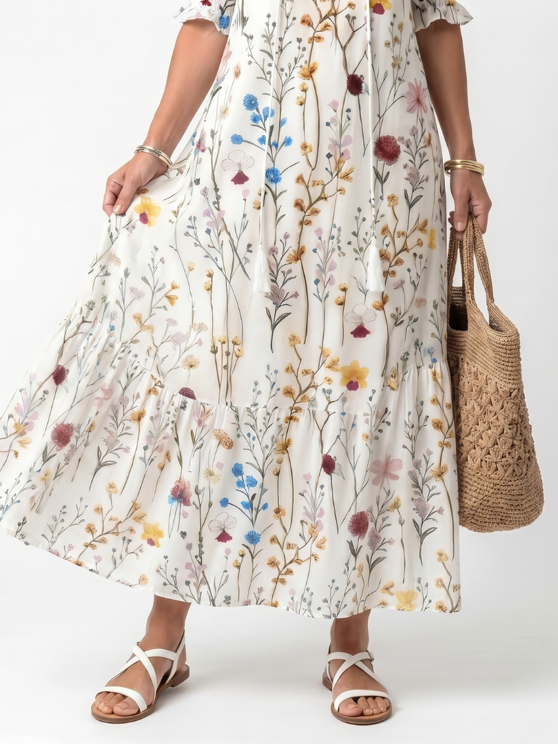 Sylvie | Vestido Midi com Estampa Botânica e Amarração com Tassel