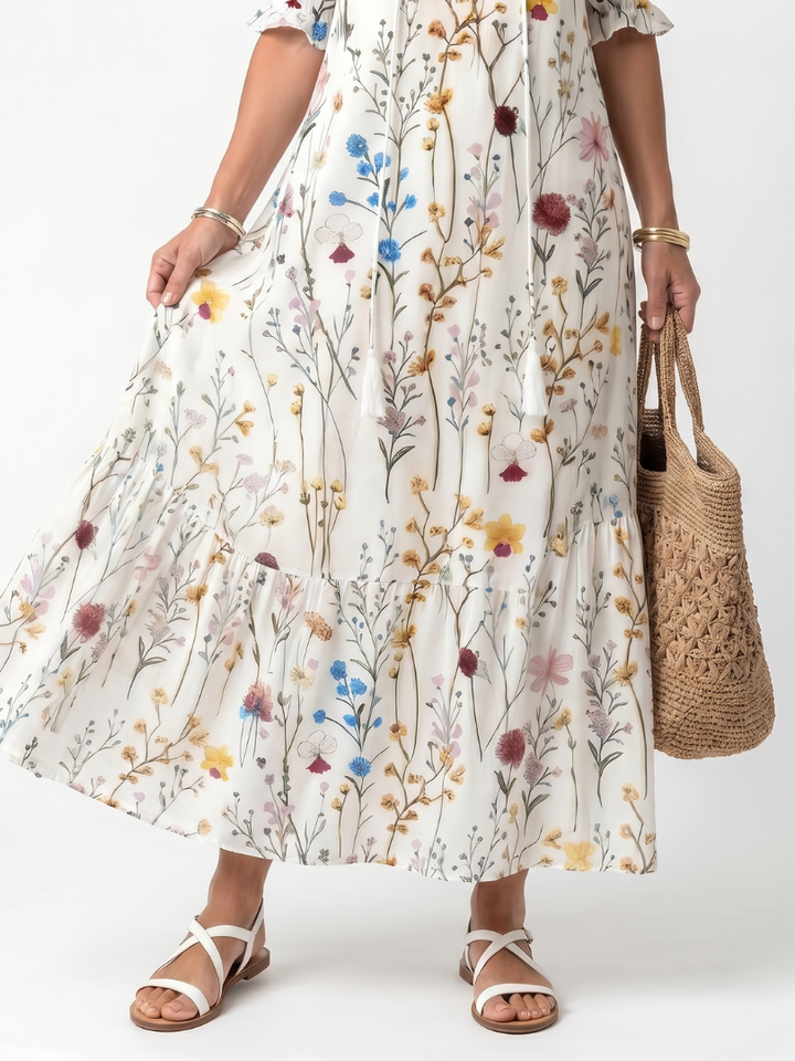 Sylvie | Vestido Midi com Estampa Botânica e Amarração com Tassel