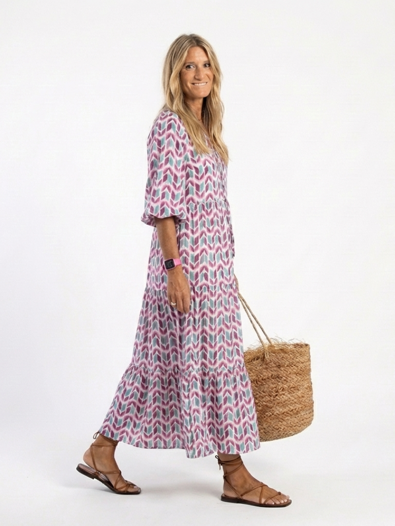 Mireya | Vestido Midi de Manga Longa com Estampa Geométrica e Camadas