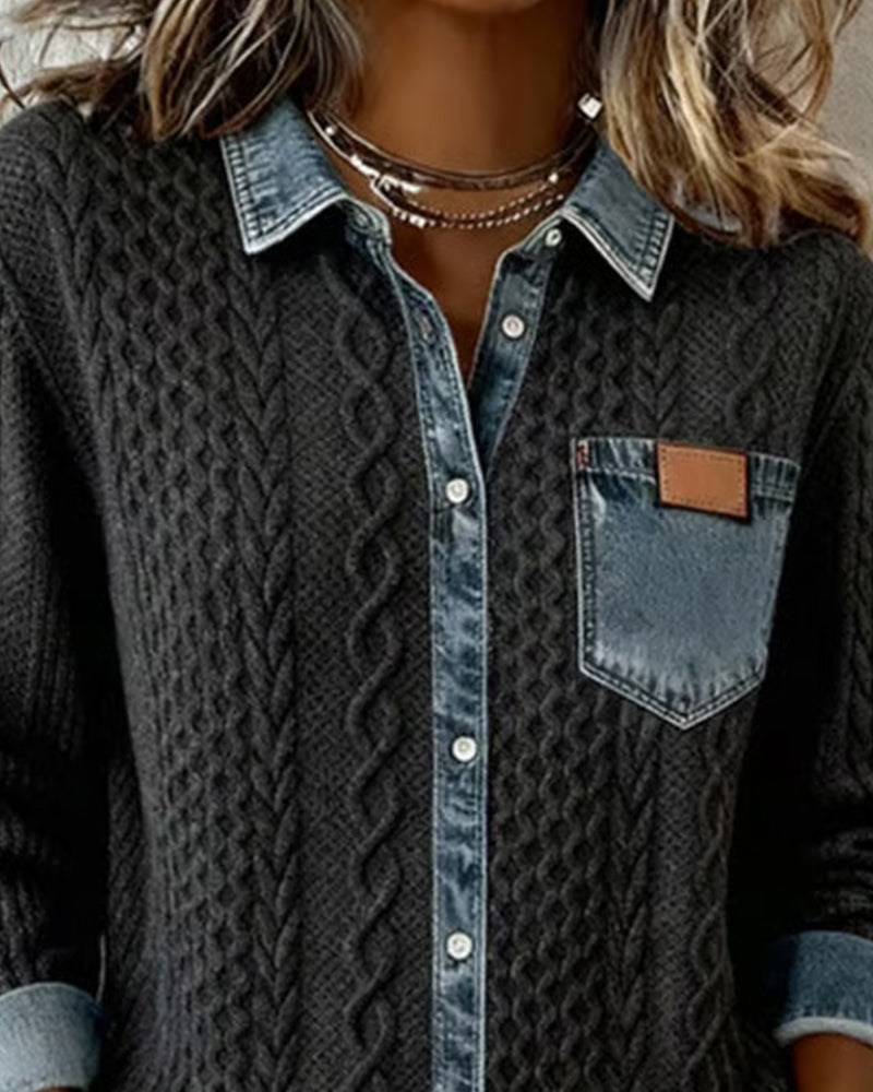 Camisa de Manga Longa com Patchwork em Denim