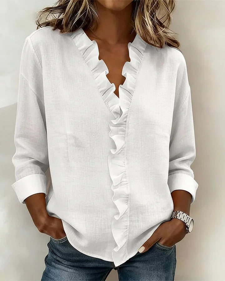 Susan | Blusa con Volantes, Escote en V y Mangas Largas