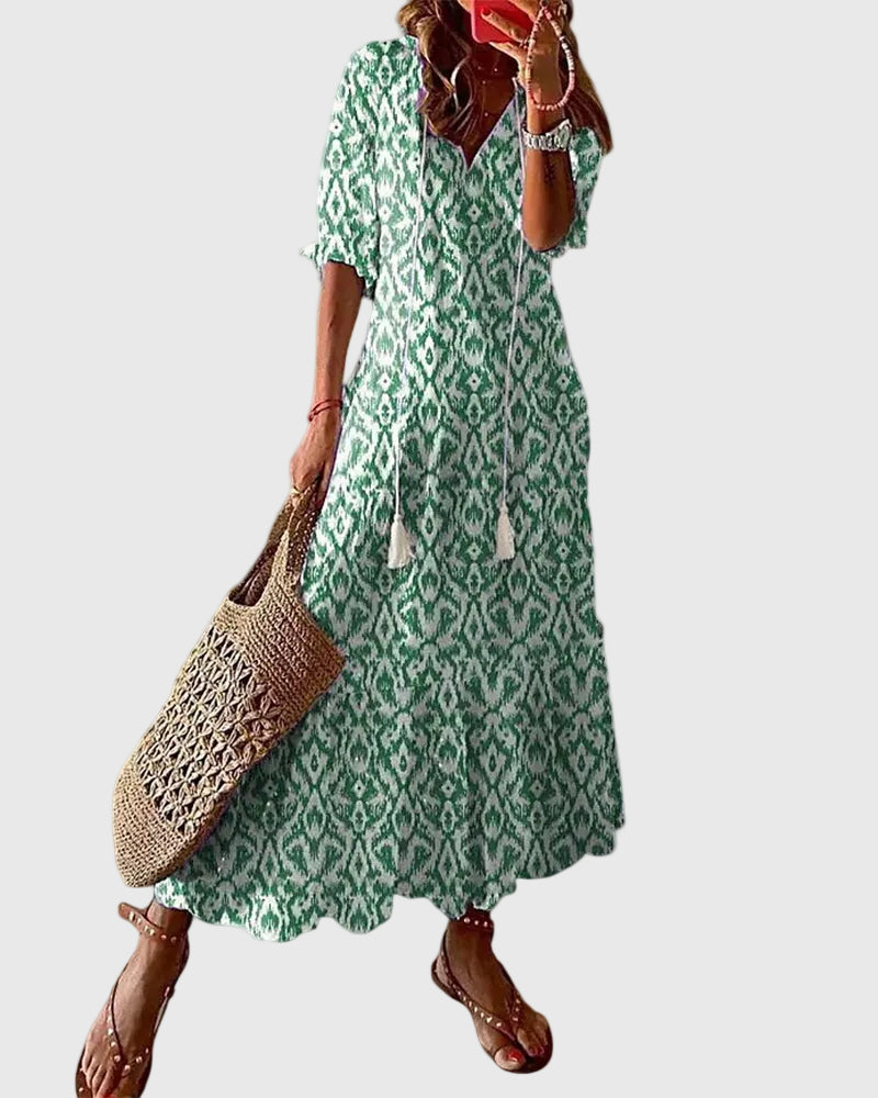 Amalia | Women's Bohemian V-Neck Maxi Dress, Lightweight Vintage Summer Dress