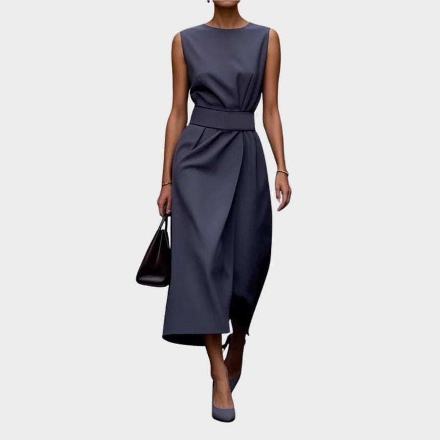 Clarimond | Women's Round Neck Sleeveless Dress, Pleated Knee-Length Dress with Slit