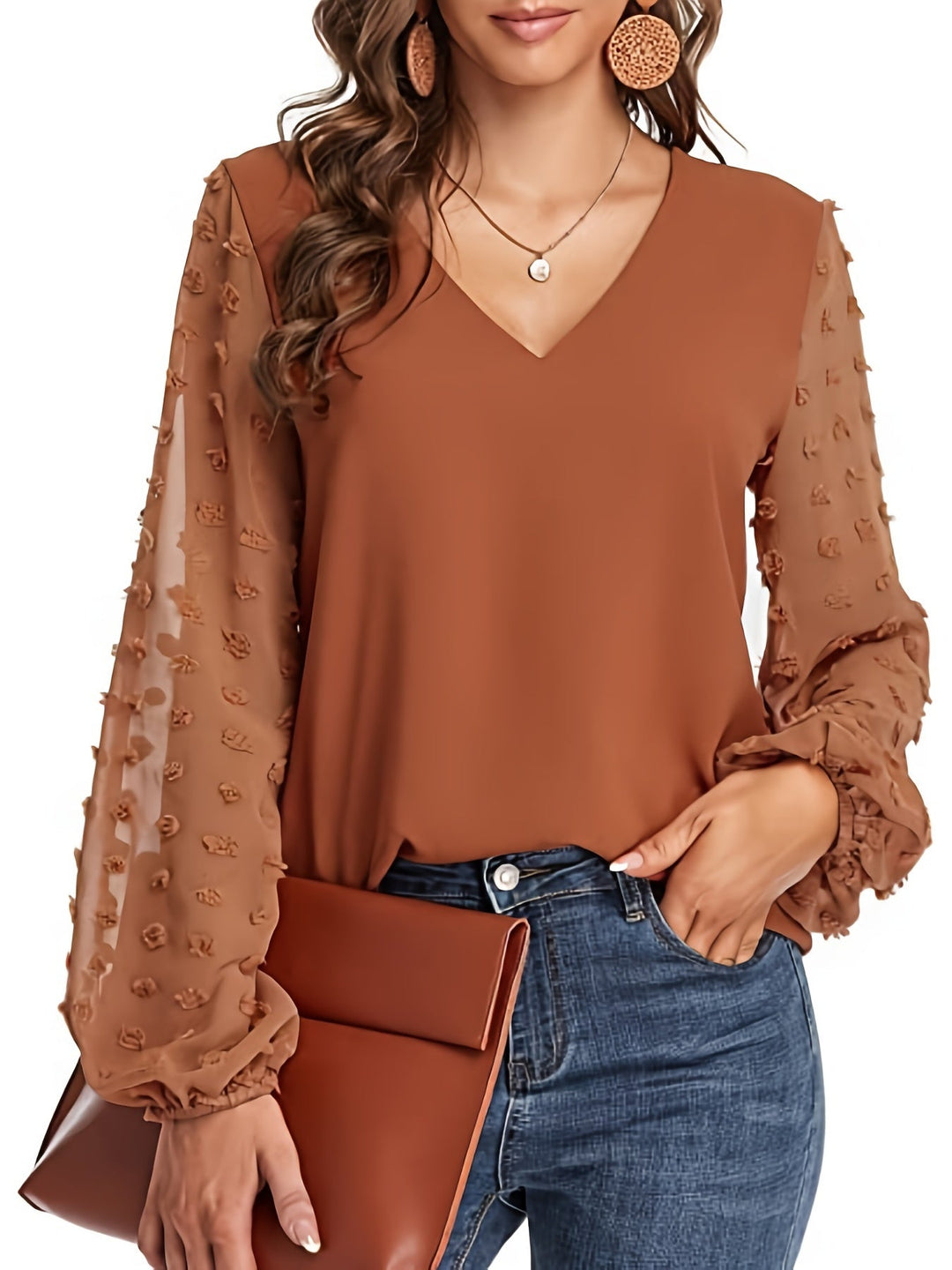 Lena | Textured Sleeve V-Neck Statement Blouse