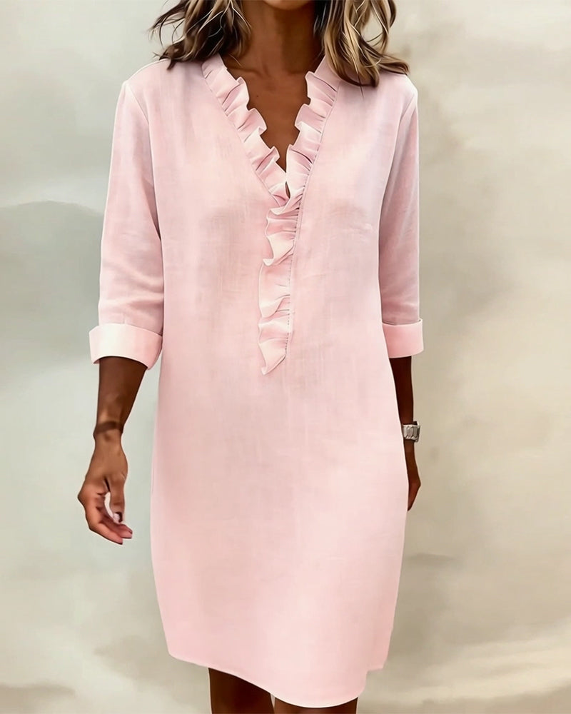 Vestido de Cor Sólida com Decote em V e Babados