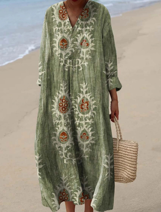 Women's Floral Print Cotton Dress, Long Sleeve Vintage Spring Dress