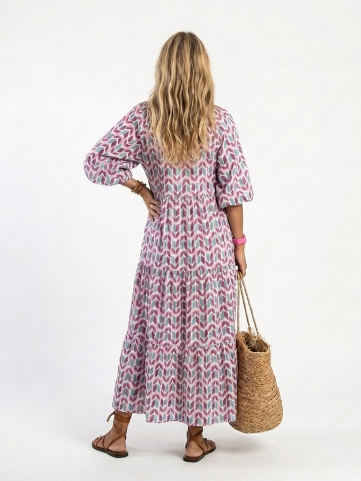 Mireya | Vestido Midi de Manga Longa com Estampa Geométrica e Camadas