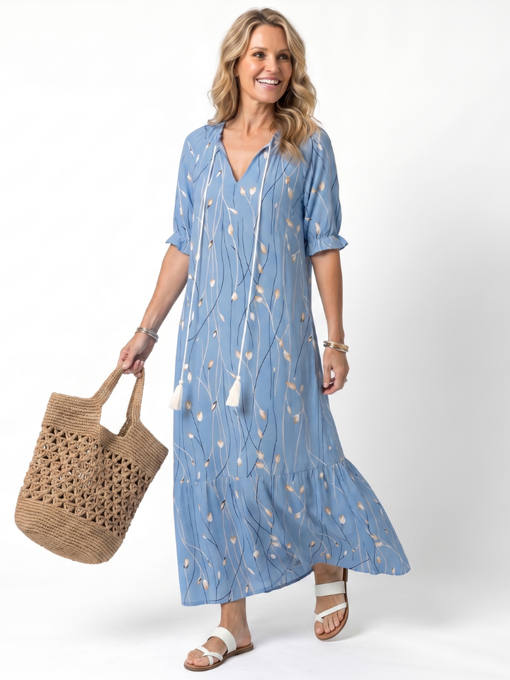 Alora | Vestido Midi com Estampa Floral e Amarração com Tassel