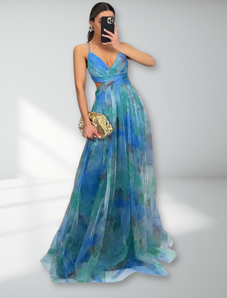 Eirith | Watercolour Print Plunge Maxi Dress