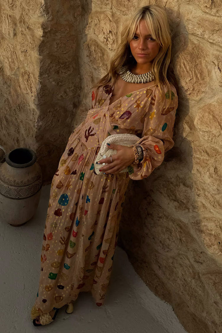 Isabelle | Vestido Longo Dourado com Conchas