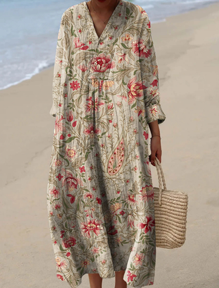 Women's Vintage Floral Print Cotton Dress, Long Sleeve Spring Dress for Everyday Wear