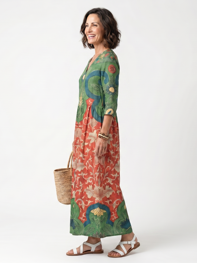 Sloane | Vestido Midi com Estampa Mista, Decote V e Bolso