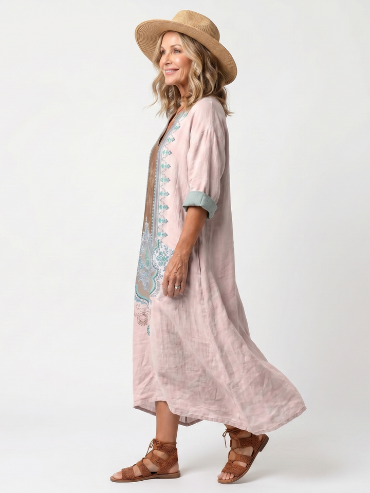 Kenza | Vestido Midi com Painel Bordado, Bolso Relaxado