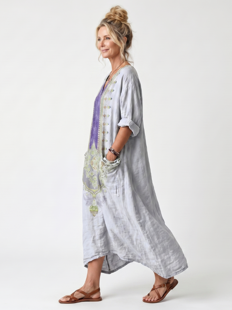 Raina | Vestido Midi com Painel Contrastante, Bordado e Bolso Oversized