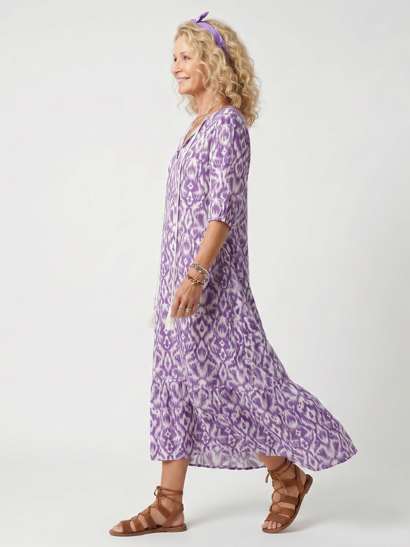Penelope | Vestido Midi Estampado com Amarração e Tassel