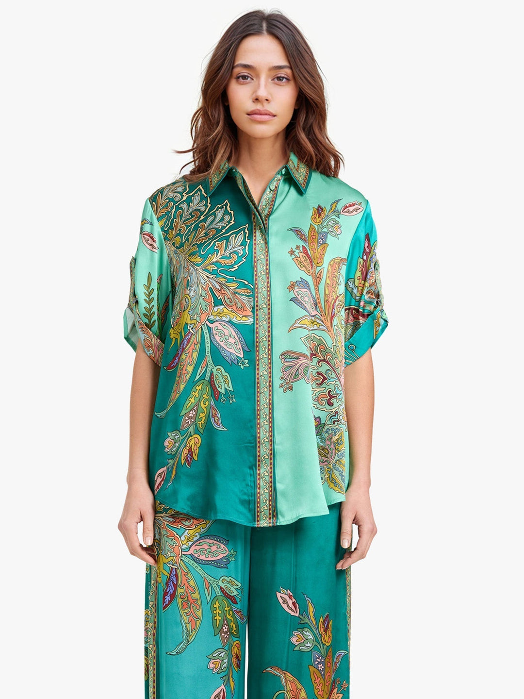 Conjunto Elegante Eliza de Duas Peças | Camisa Estampada Paisley e Calça Pantalona