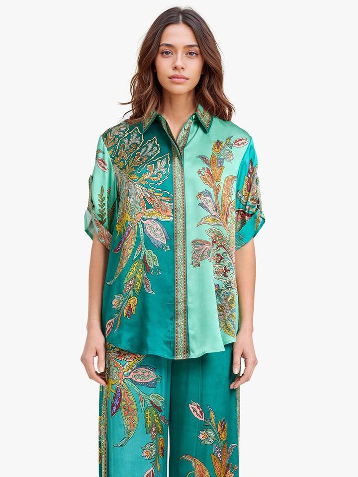 Conjunto Elegante Eliza de Duas Peças | Camisa Estampada Paisley e Calça Pantalona