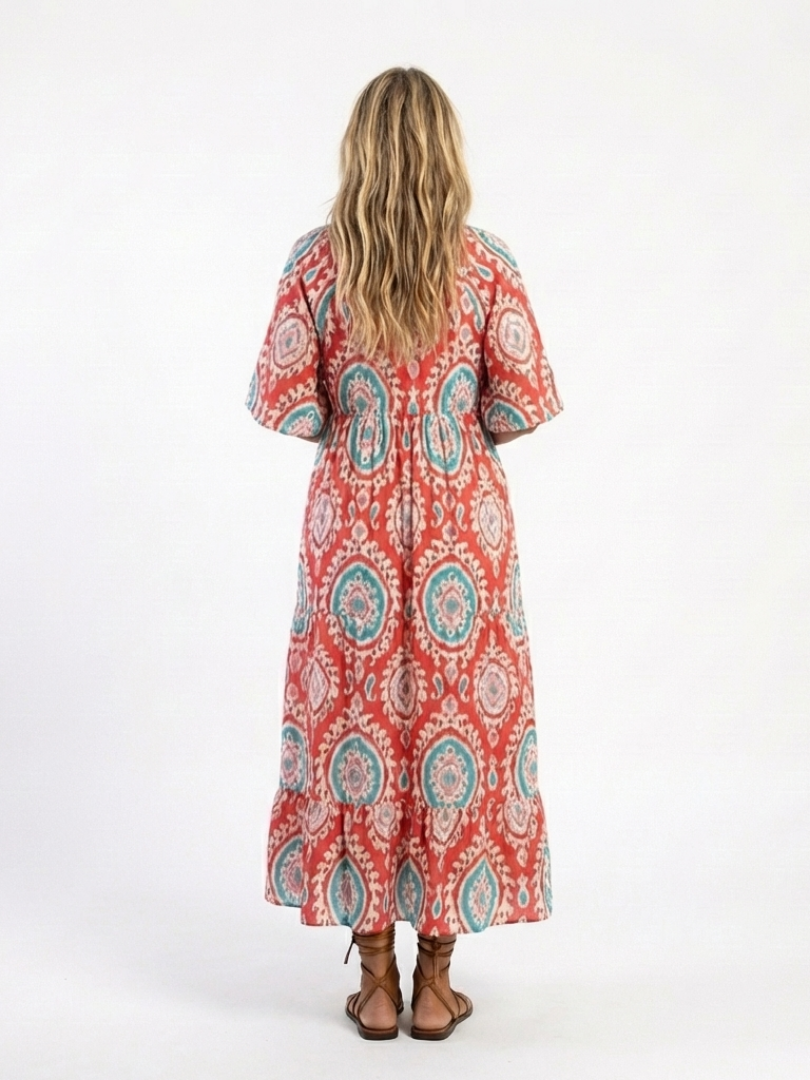 Zaria | Vestido Midi com Decote V, Manga Curta e Estampa Paisley