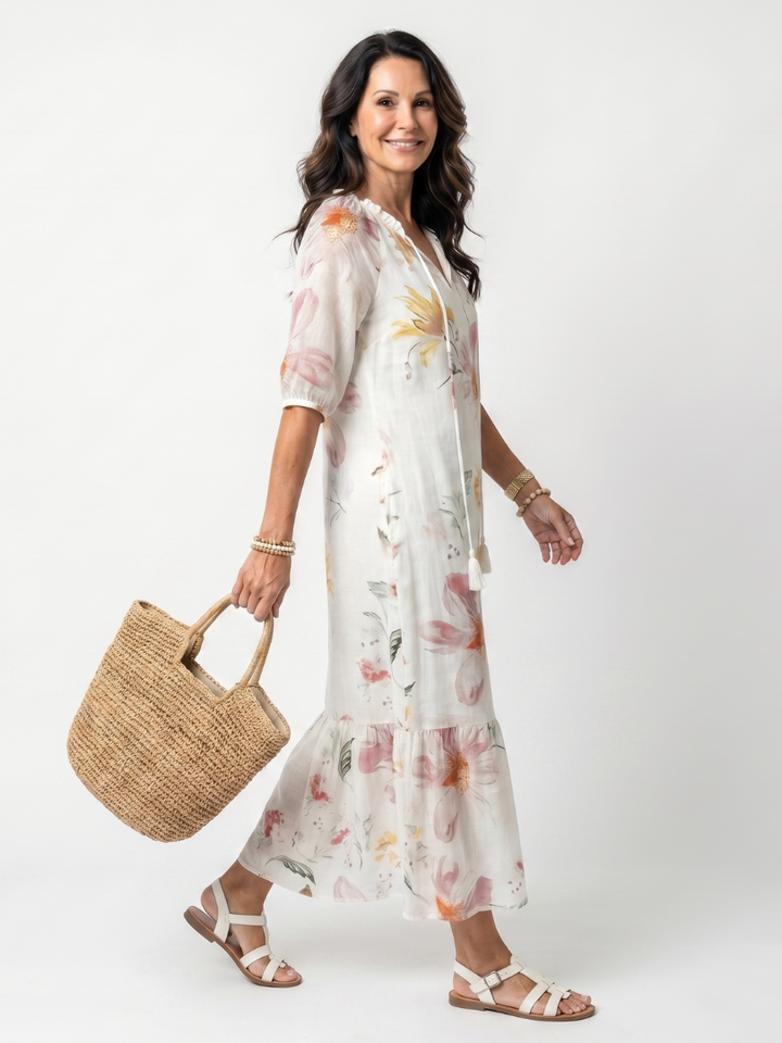 Noa | Vestido Midi Floral Suave em Camadas com Tassel