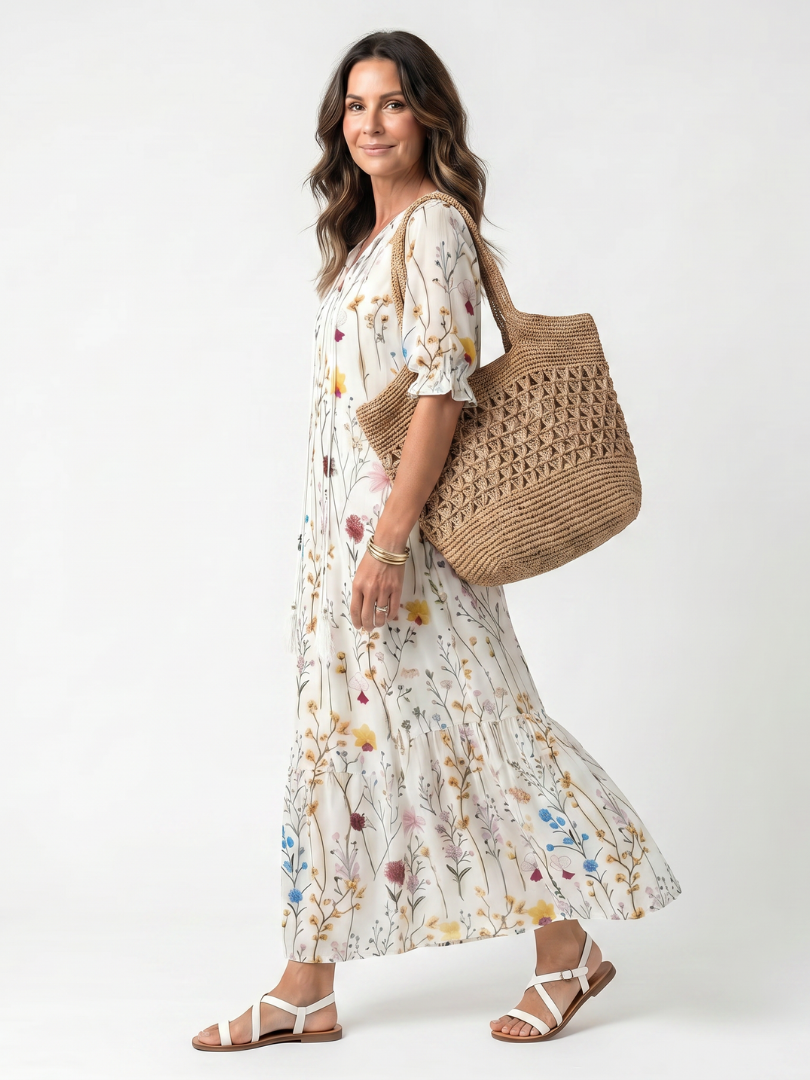 Sylvie | Vestido Midi com Estampa Botânica e Amarração com Tassel