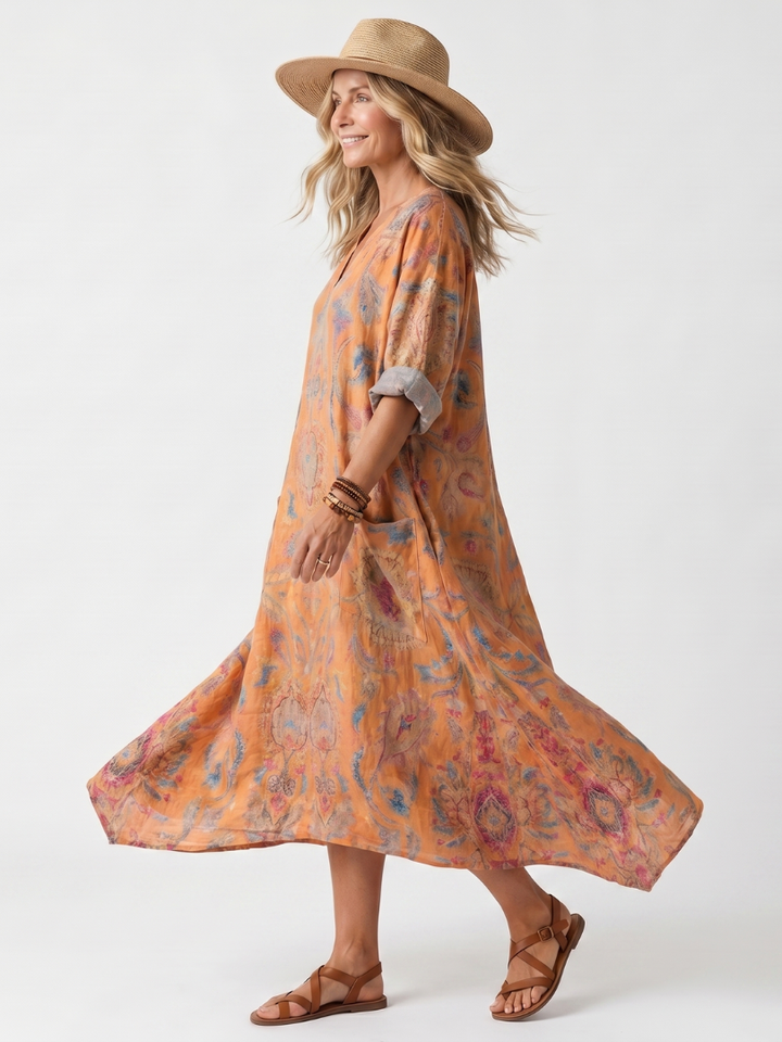Remi | Vestido Midi Estampado com Decote em V, Bolso Oversized