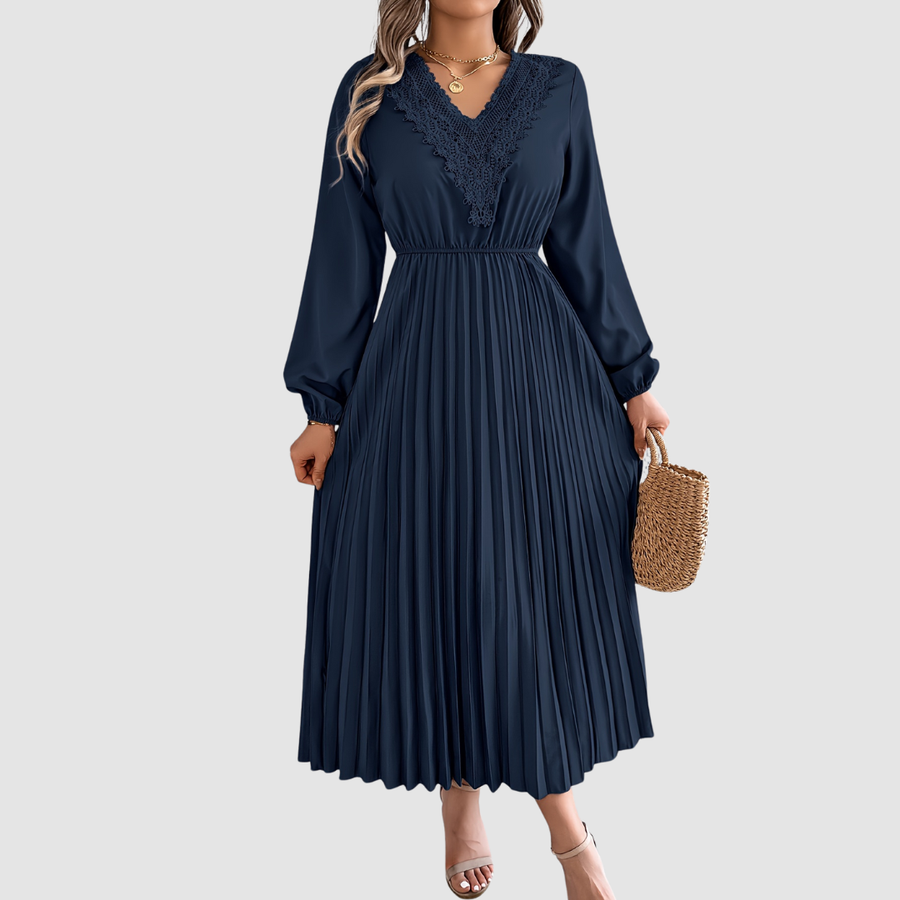 Rosalind Quinn | Women's Lace Trim V-Neck A-Line Dress, Long Sleeve Fall Dress