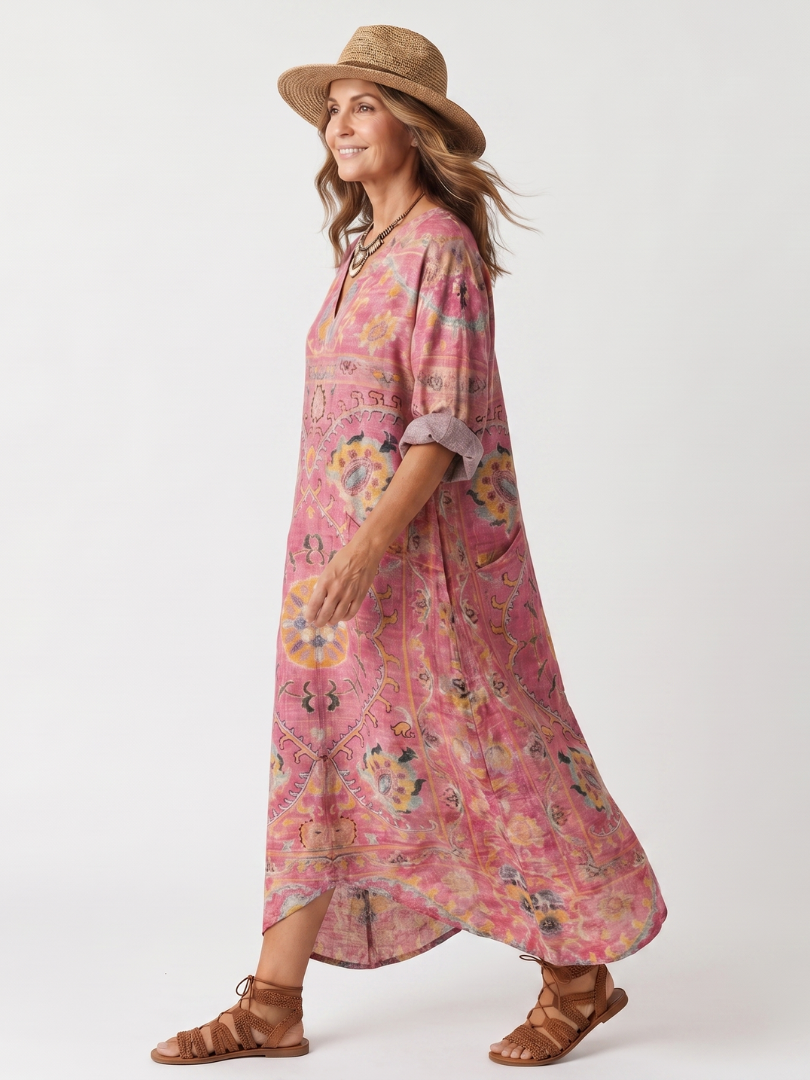 Tilda | Vestido Midi com Estampa Abstrata e Bolso Relaxado