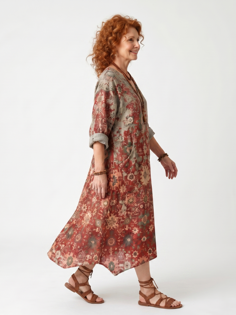 Saffron | Vestido Midi com Padrão Misto e Bolso Relaxado