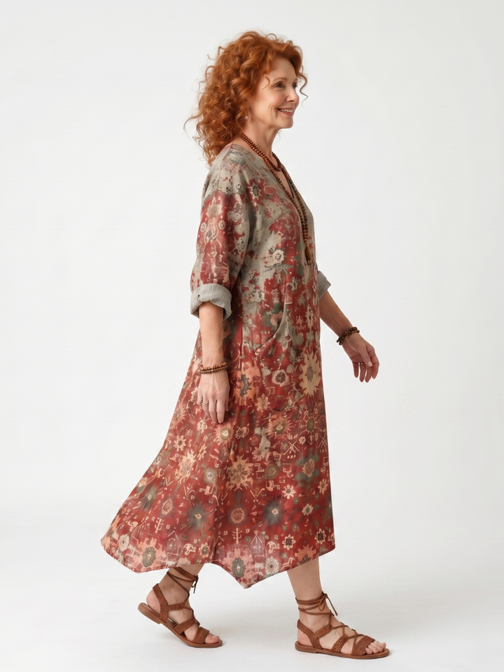 Saffron | Vestido Midi com Padrão Misto e Bolso Relaxado