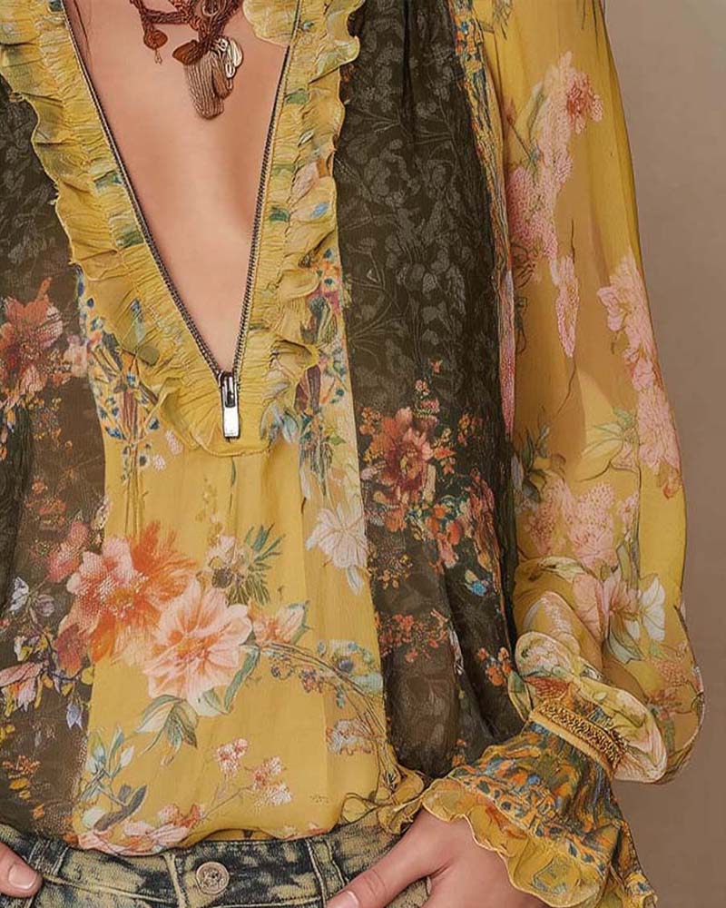 Blusa com Estampa Floral e Meio Zíper