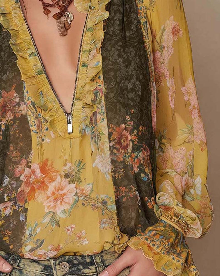 Blusa com Estampa Floral e Meio Zíper
