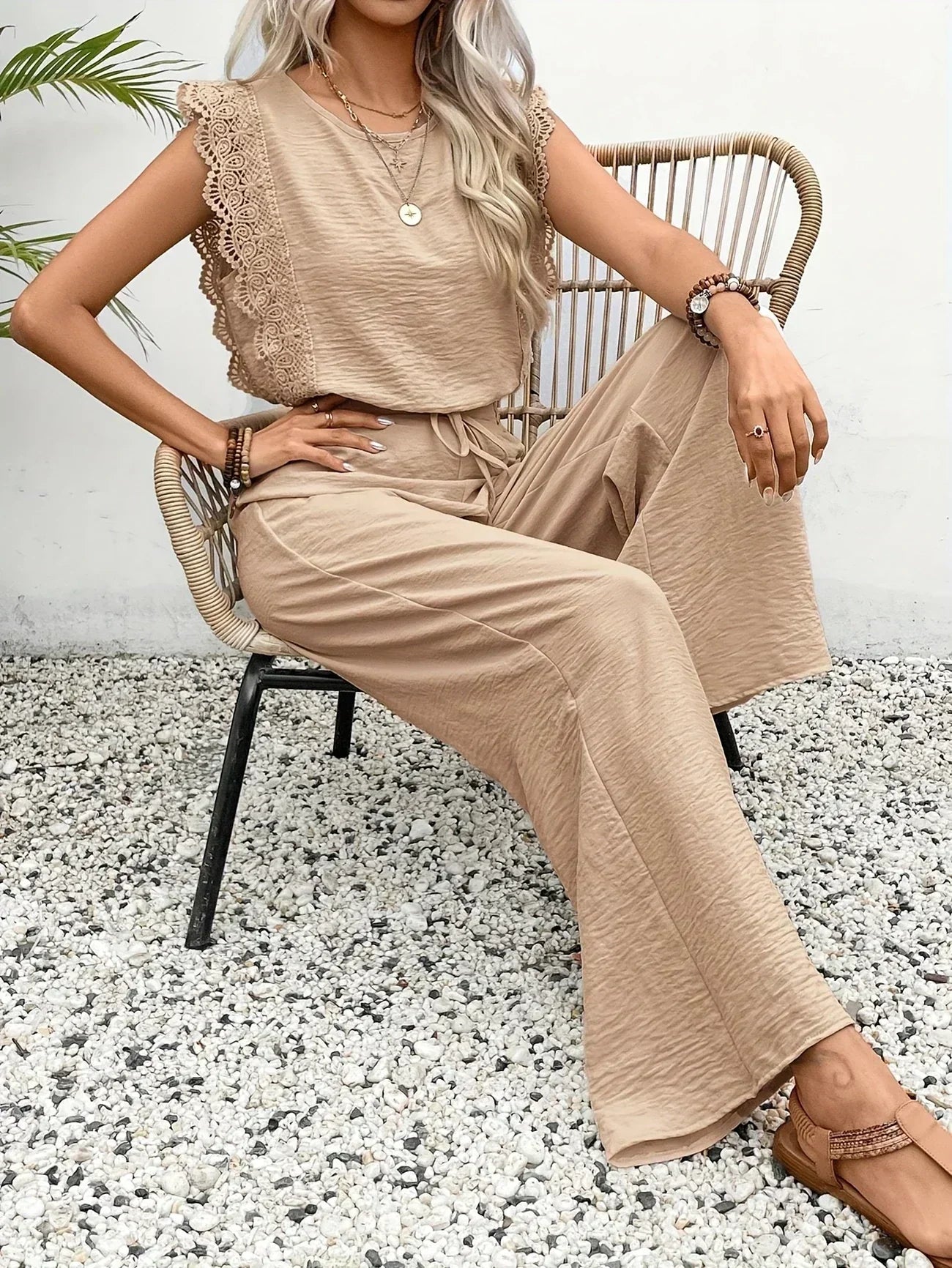 Zella | Women's Lace-Trimmed Two-Piece Set, High-Waist Wide-Leg Trousers and Top