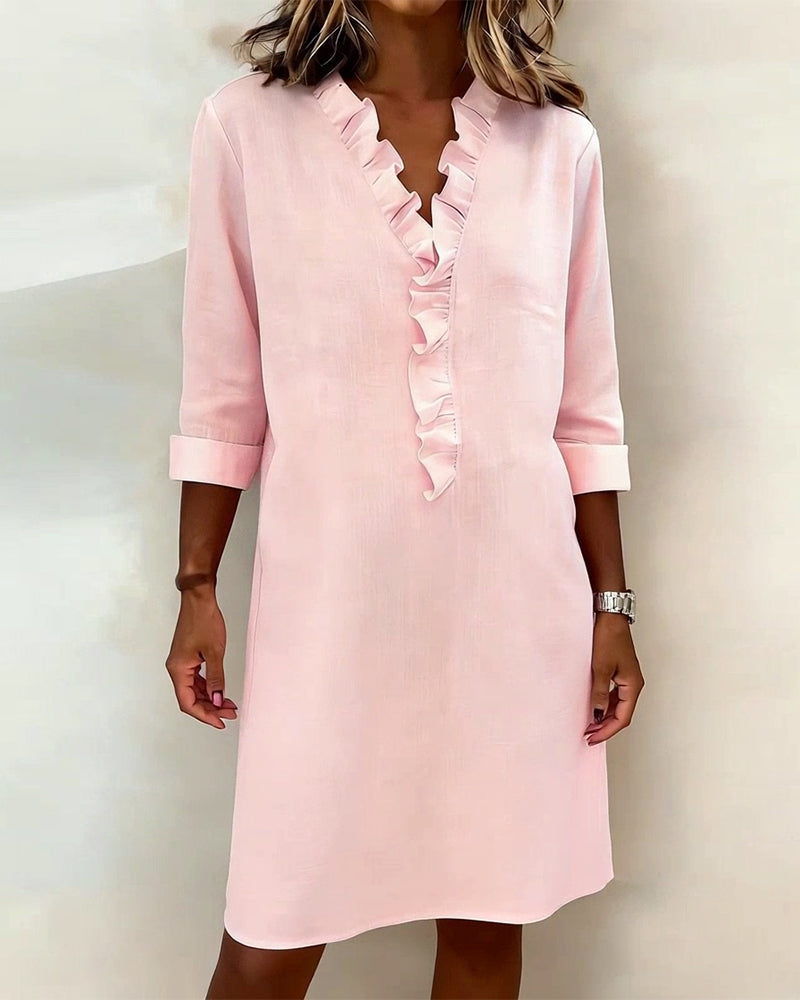 Vestido de Cor Sólida com Decote em V e Babados