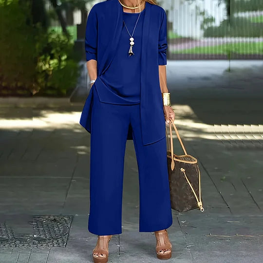 Conjunto Casual Elegante Laney de Três Peças | Blusa Coordenada, Cardigã e Calças de Perna Larga