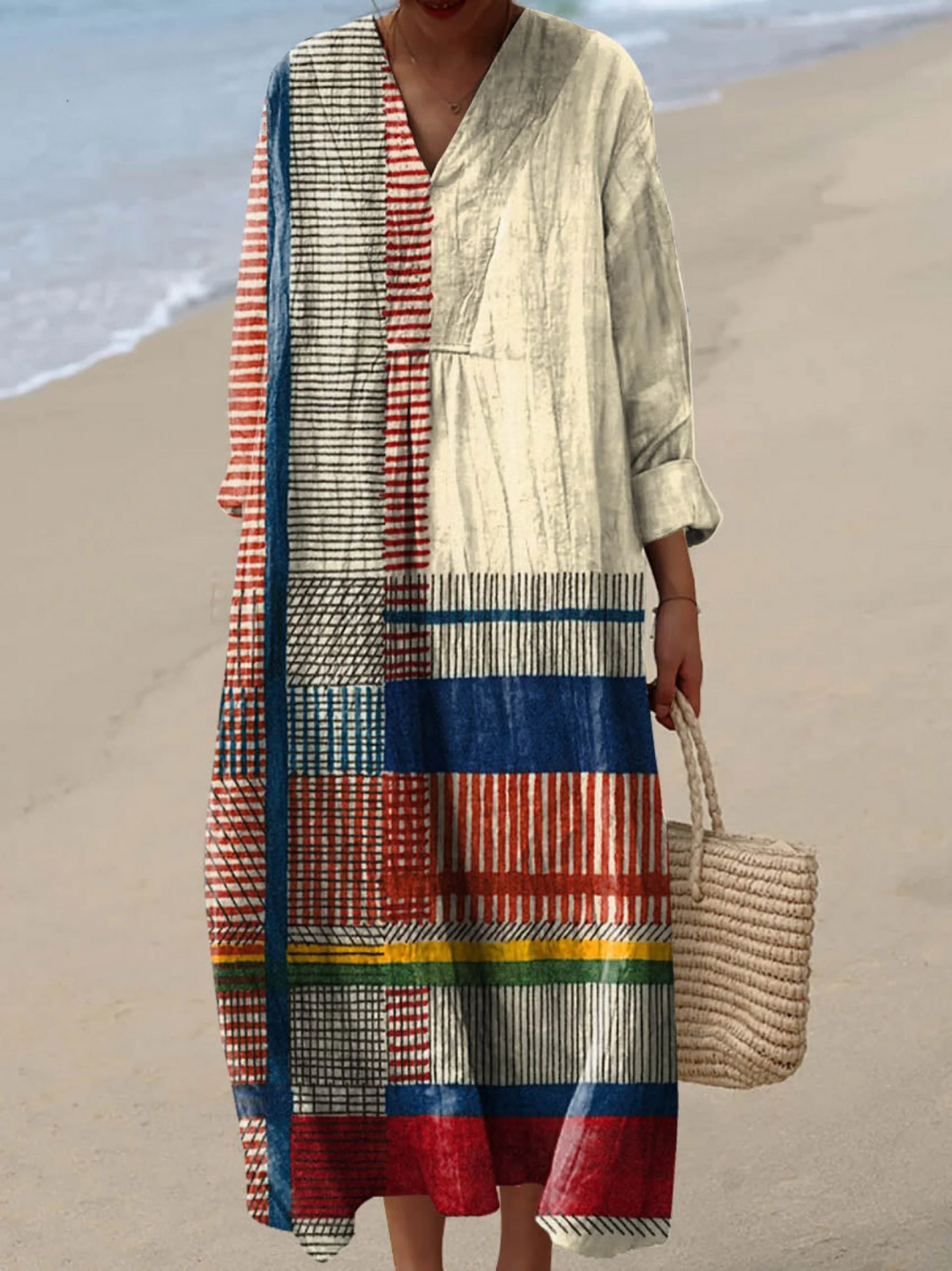 Vestido de Mujer con Estampado Artístico Vintage de Líneas Geométricas